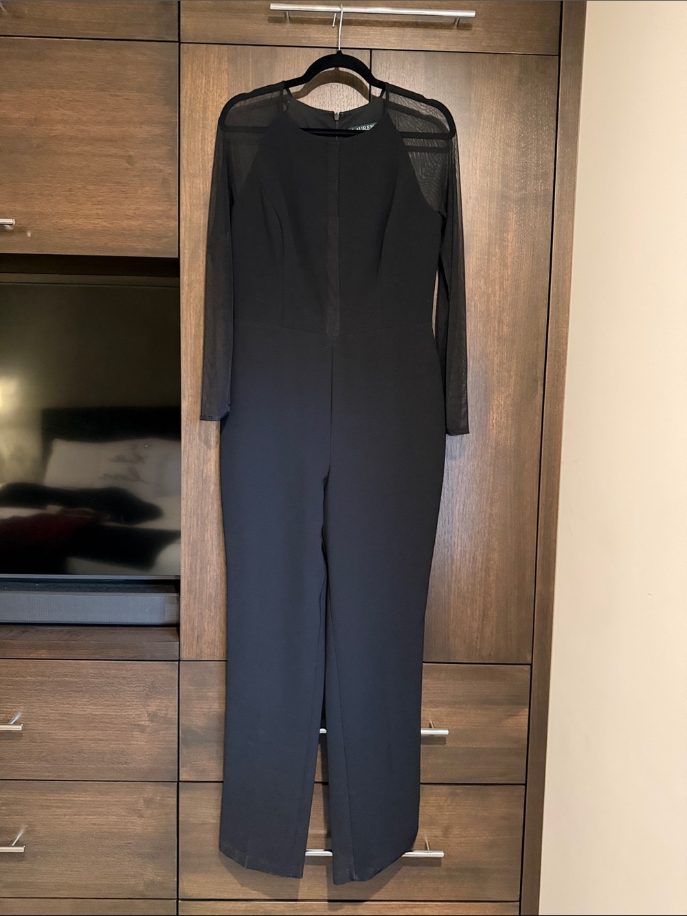 Ralph Lauren Black Long-Sleeve Jumpsuit , mesh long sleeves